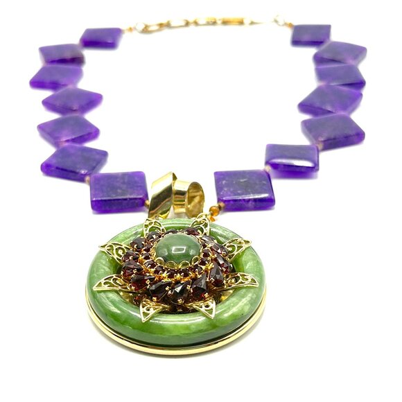 1970s-80s Asian-Inspired Medallion Necklace with Sugilite, Jade & Garnet - Picture 9 of 10